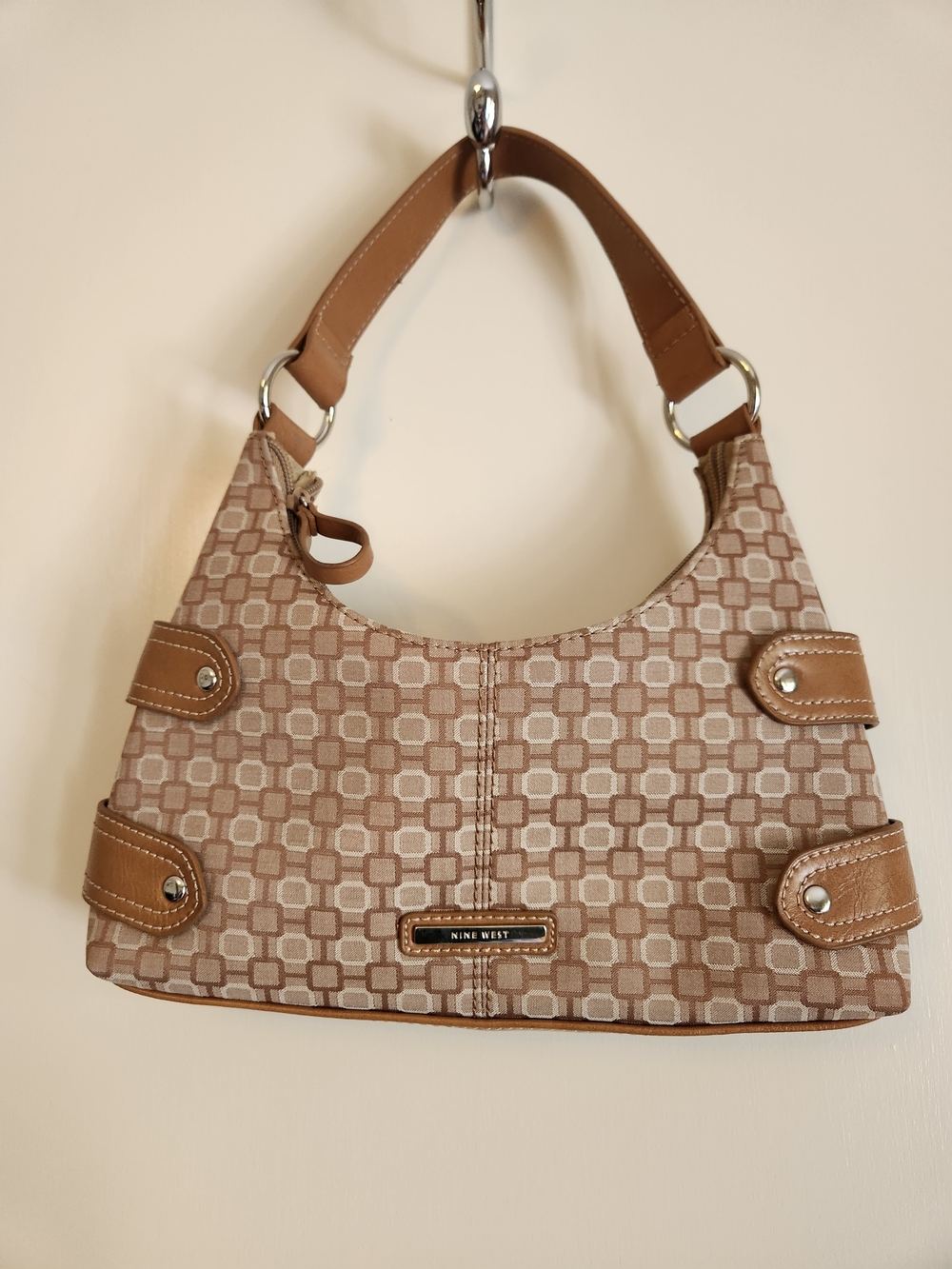 Nine West Y2K Baguette Shoulder Bag Tan Monogram Geometric Vintage Purse